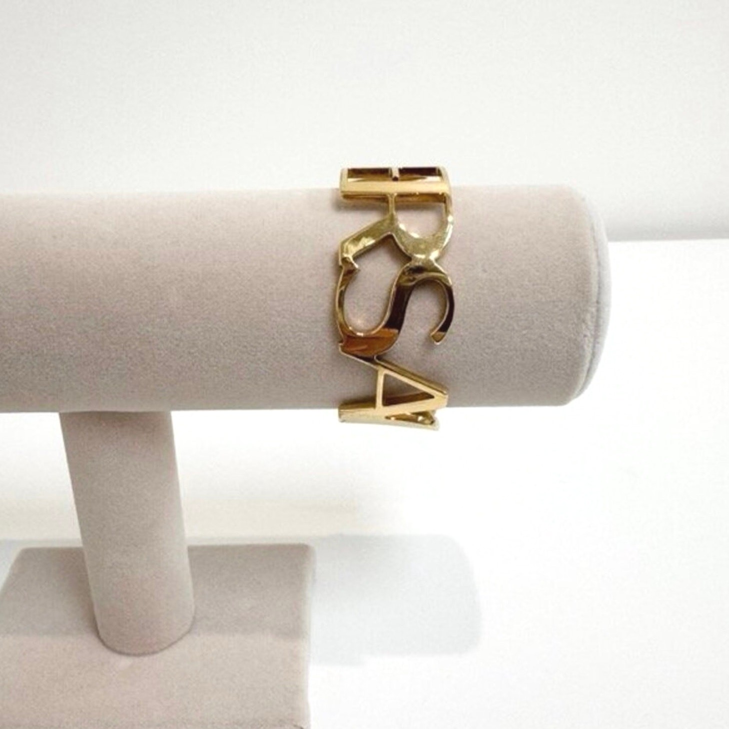 VERSACE Logo Text Cuff Gold-tone Brass Bracelet M Cut Out Large Bangle