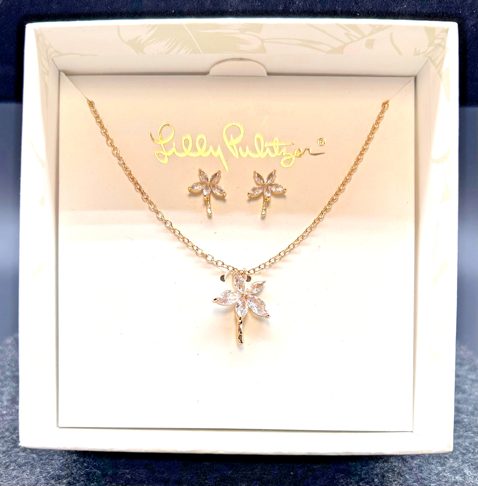 Lilly Pulitzer Gold Tone Rhinestone Sparkling Palm Tree Necklace Earring Set NWT