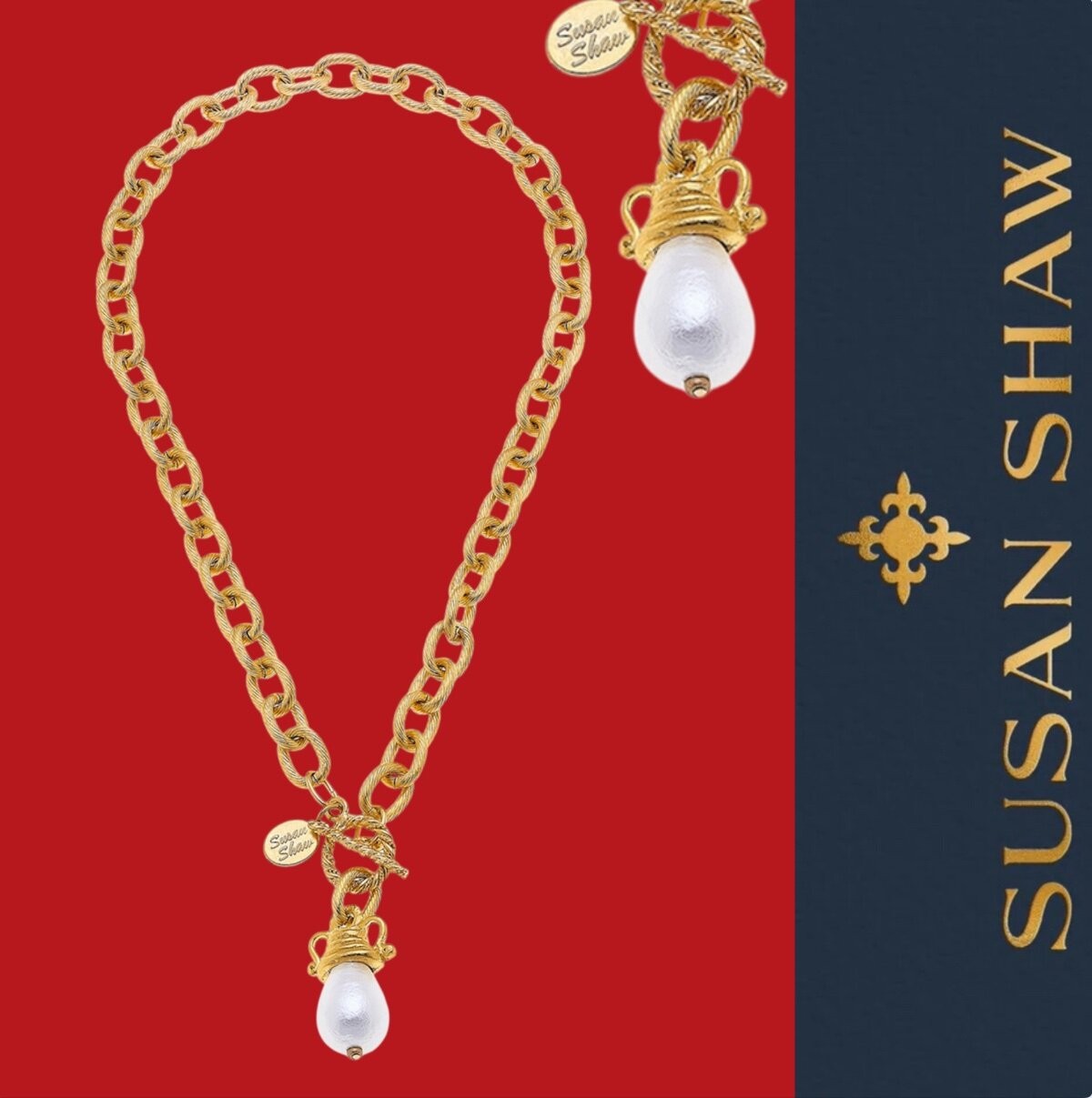 Susan Shaw Necklace Gold Filigree Pearl Loop Toggle Chain Jewelry 24k TPG