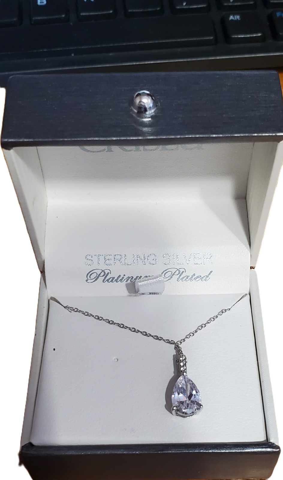 Crislu Sterling Silver Platinum Plated Necklace Cubic Zirconia Teardrop 19 Inch