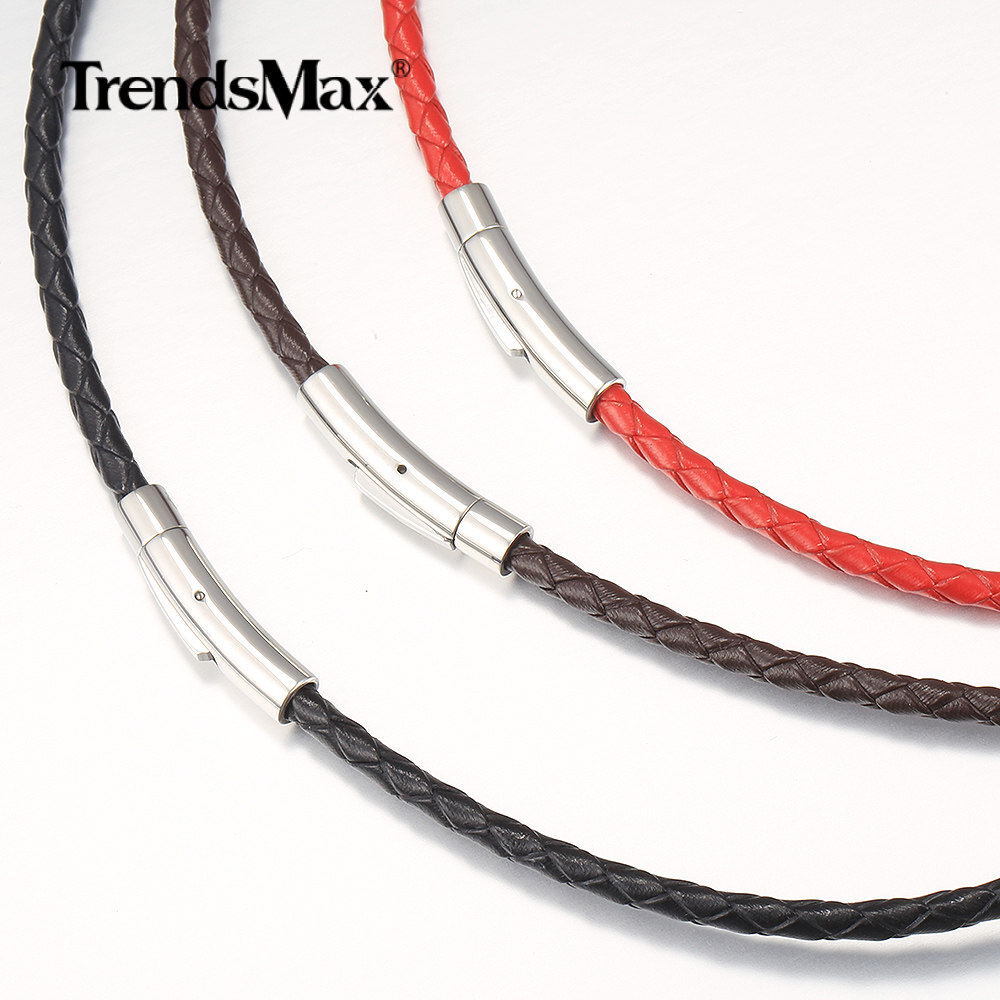 4MM Man-made Braided Leather Rope Cord Necklace Stainless Steel Push Lock 16-30″
