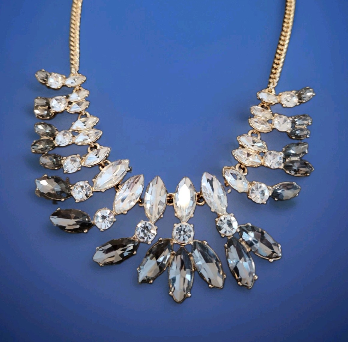 Banana Republic Gold Tone Gray and Clear Rhinestone Statement Bib Necklace