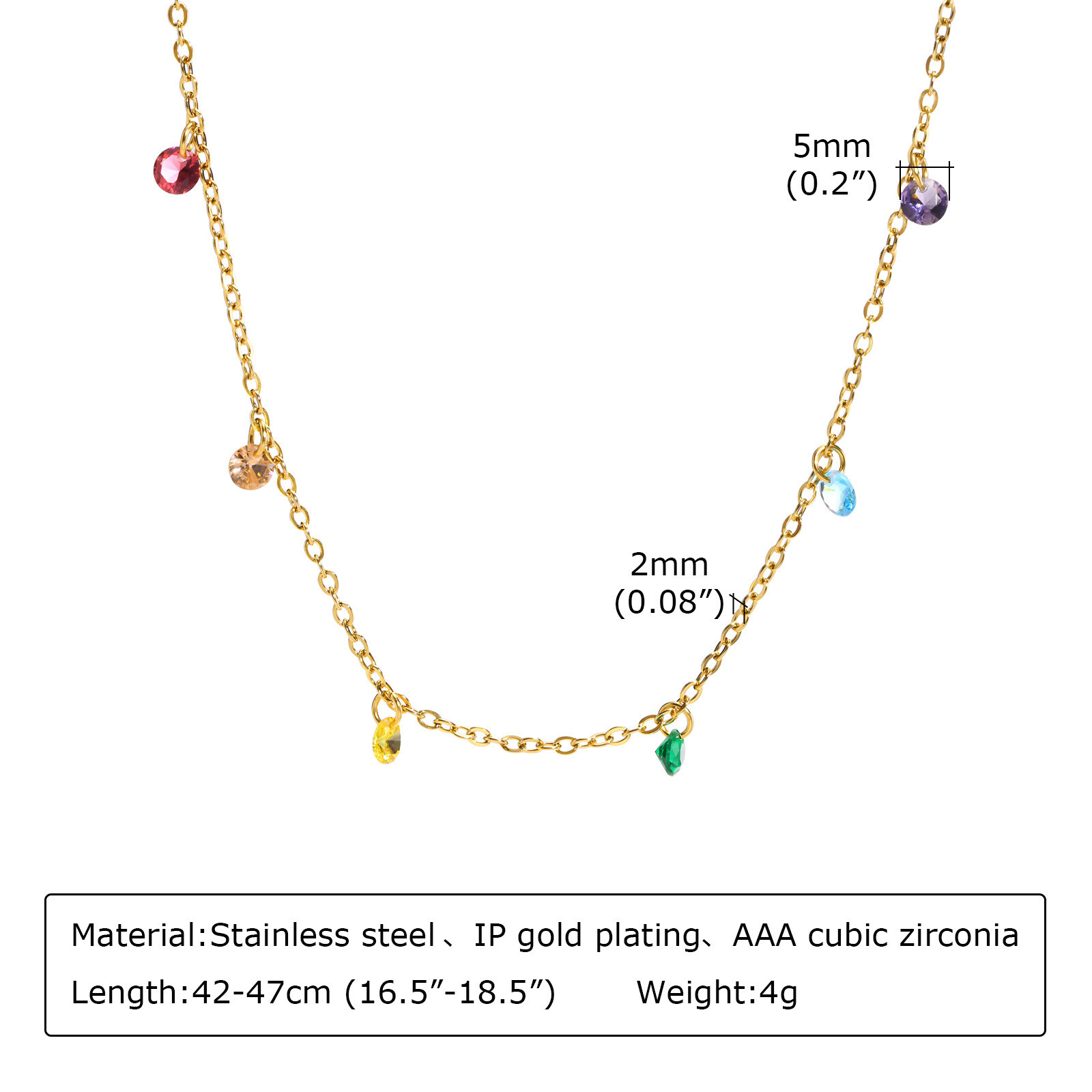18K Gold Rainbow/White Zircon Chain Necklace Womens Stainless Steel Charm 42+5cm