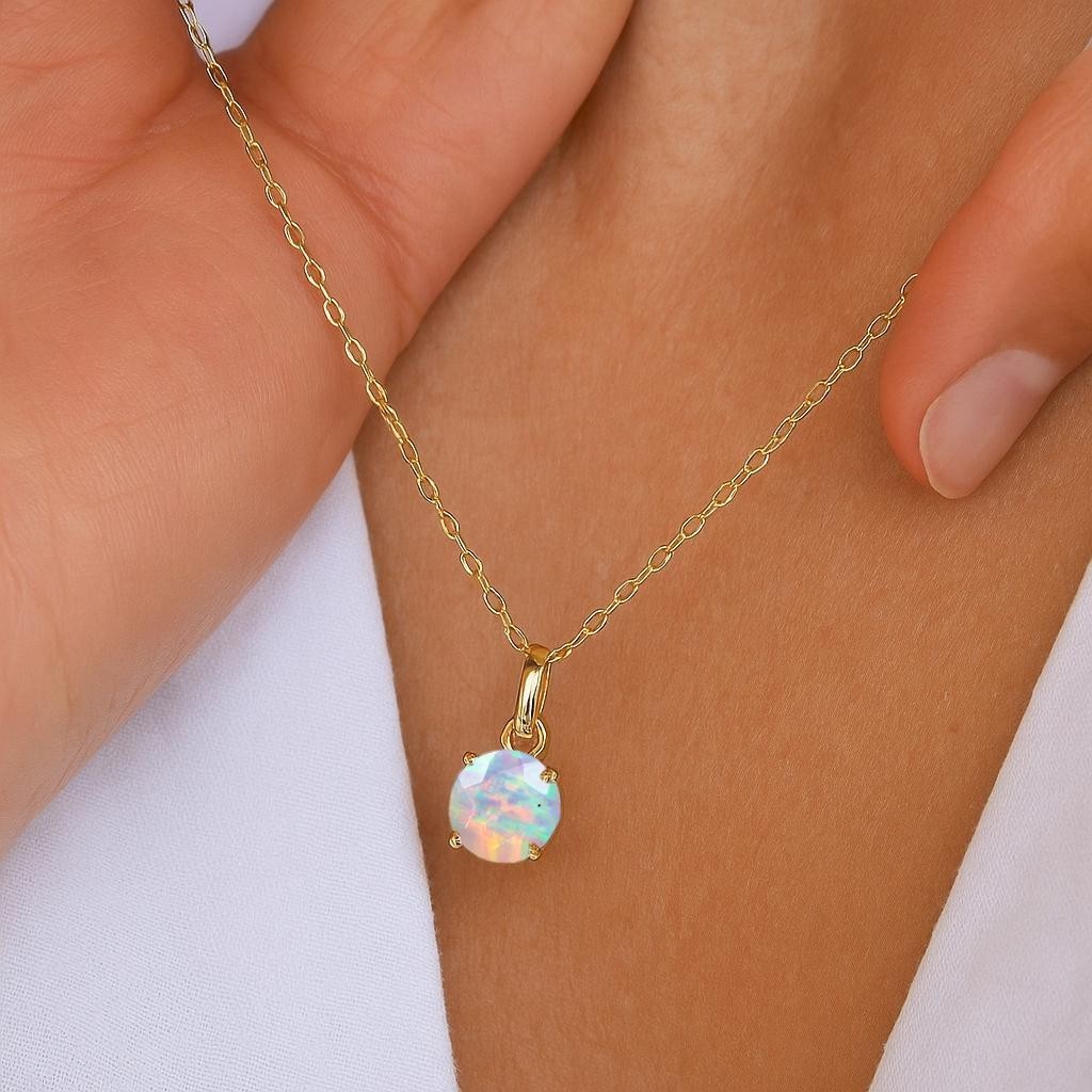 Fire White Opal Round Gemstone Pendant Necklace, Ethiopian Opal Gemstone Gold