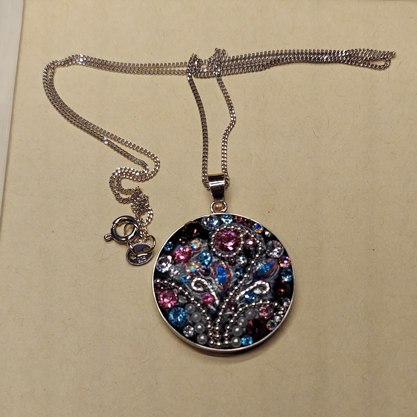 MULTICOLOR crystal silver 925 Round Rhinestone Pendant Necklace, Cable Chain