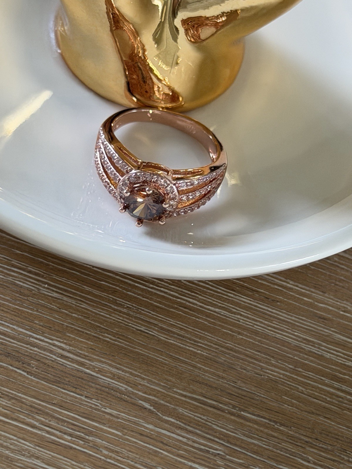 Rose Gold Tone Metal Cocktail Ring Size 6 ChampagneRound Stone Halo Pave