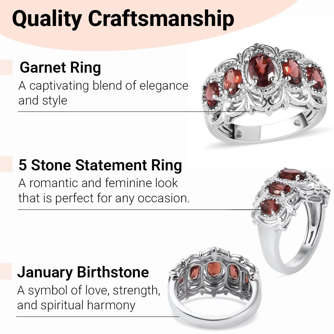 Garnet 1.50 ctw 5 Stone Ring in Platinum Plated Size 6.0