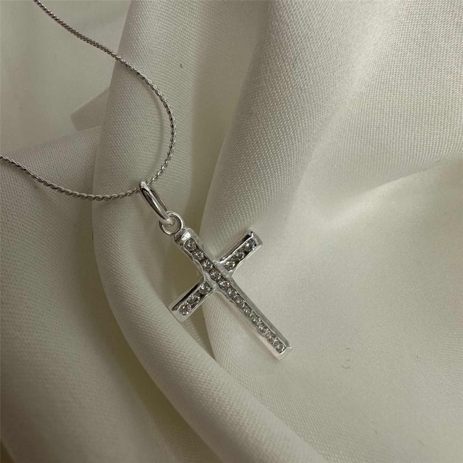 Sterling Silver & CZ Crystal Cross Necklace 16 18 20 22 Inches