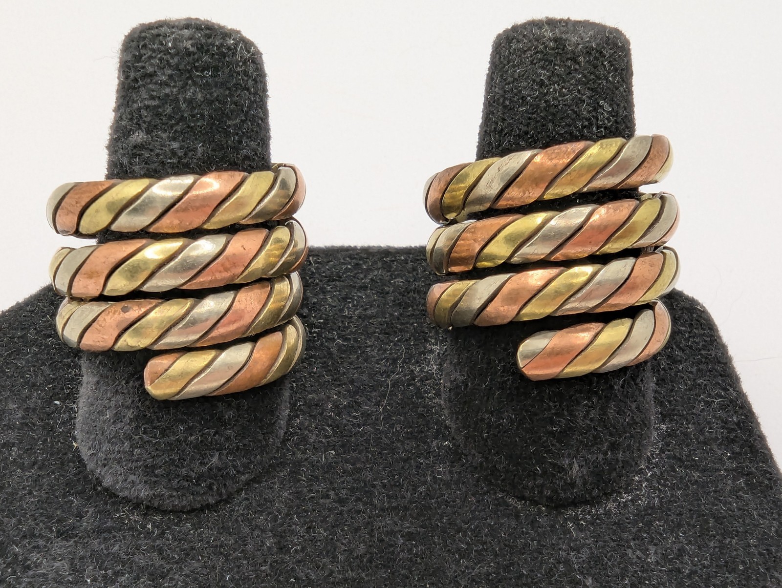 Tibetan Three Metal Coil Rings. Brass, Copper & Silver Tone Metals. Pair Of 2