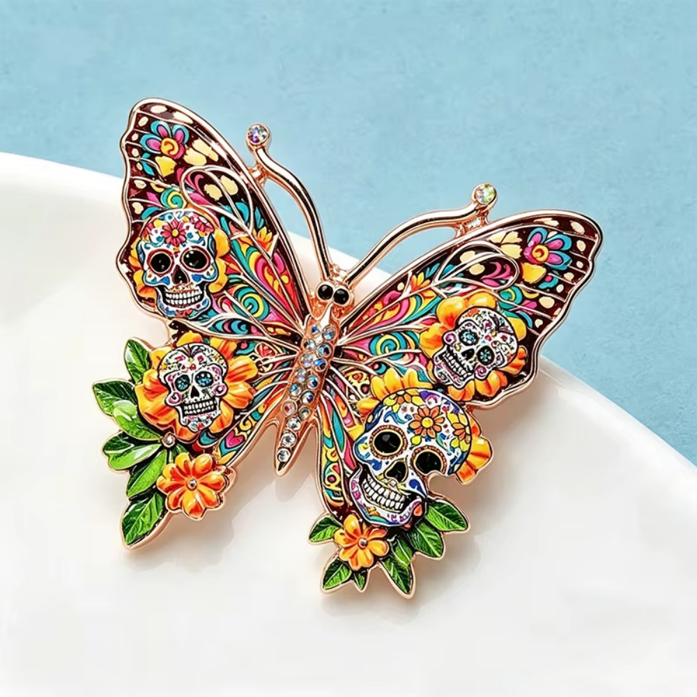 Halloween Sugar Skull Butterfly Brooch Pin Crystal Gothic Pin Costume Jewelry Gi