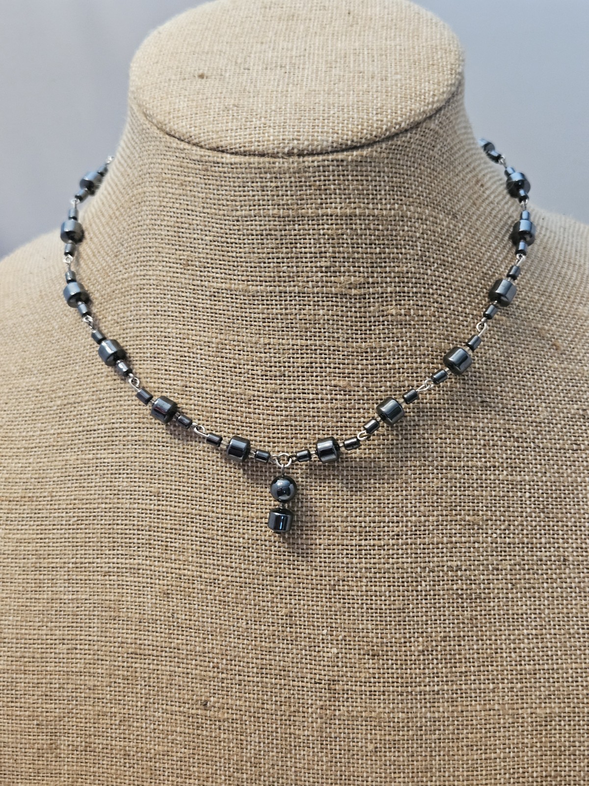 Hematite Black Silver Round Beaded Ball Chain Charm Pendant Necklace Toggle 18″