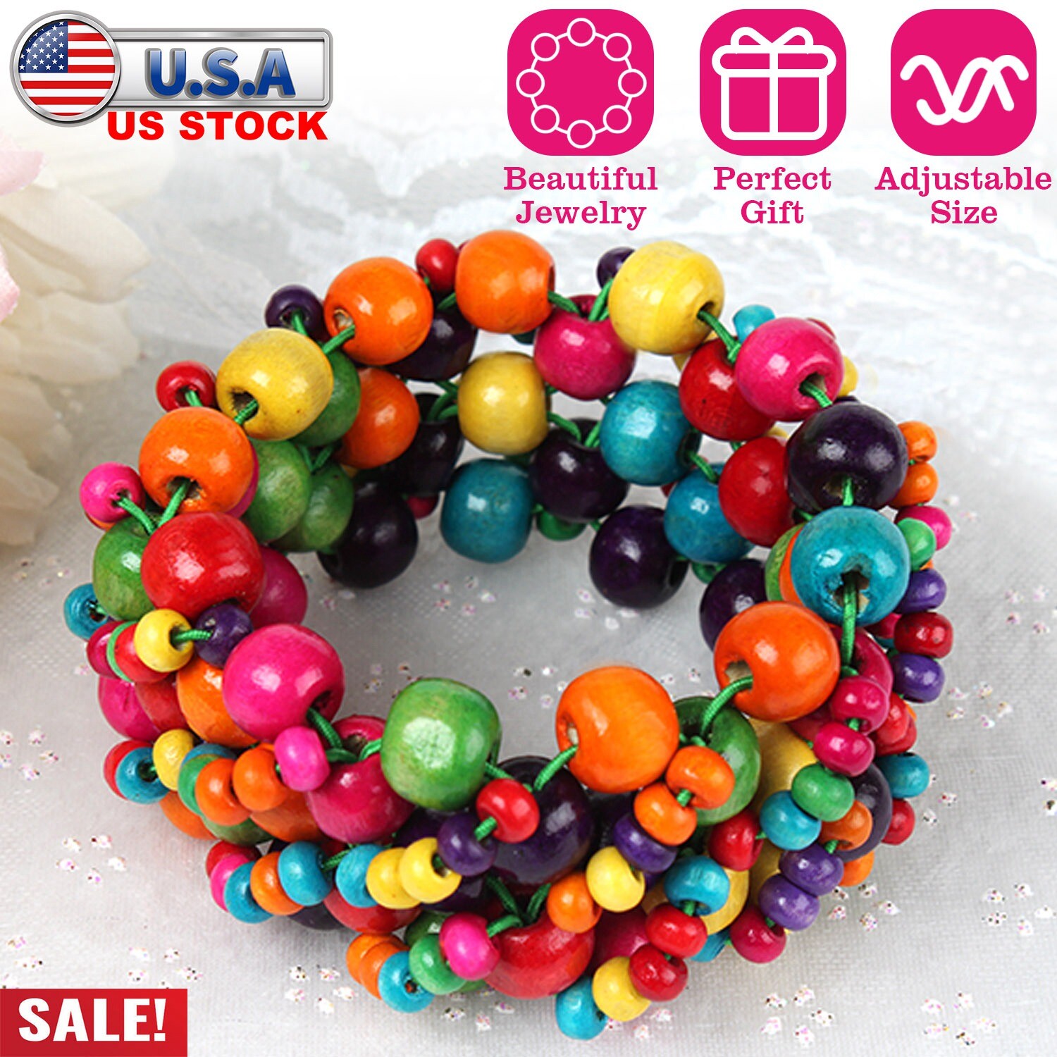 Summer Beach Wooden Beaded Stretchy Bracelet Colorful Exotic Elastic Bracelet