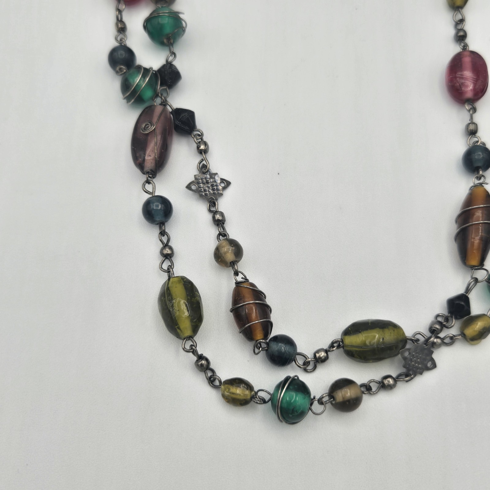 Boho Multicolor Beaded Necklace Long Wire Wrapped Glass Bead Statement Jewelry