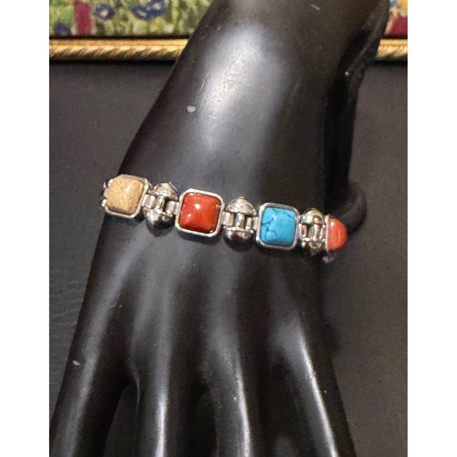 Link Bracelet Womens Multi Faux Stone Silver Excellent Southwestern Boho Square