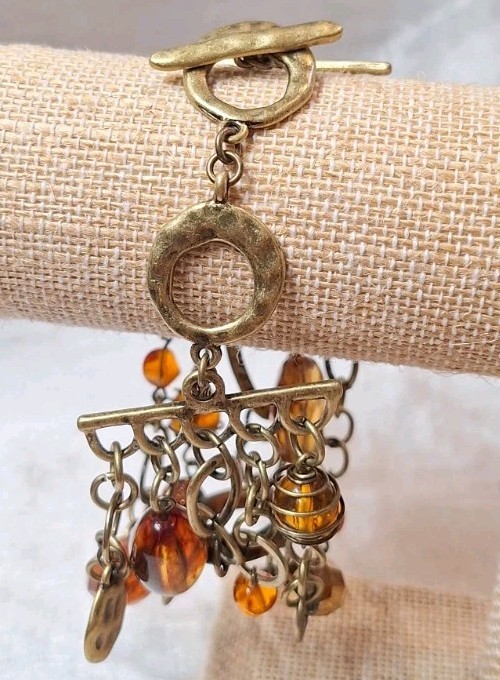 Premier Designs Hammered Bronzetone Faux Amber Bead Wide 5-Chain Toggle Bracelet
