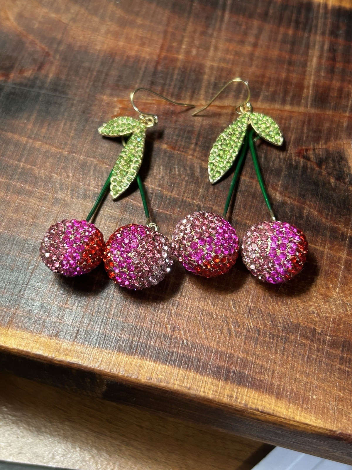 Unsigned Rhinestone Pink Red Ombre Cherry Drop Dangle Earrings Fruit Statement