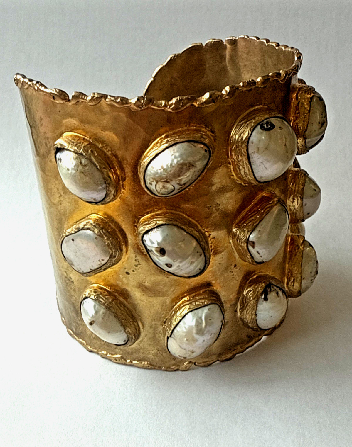 Gold Plated with Large Fresh Water Baroque Pearls Open Cuff 2 1/2″ wide