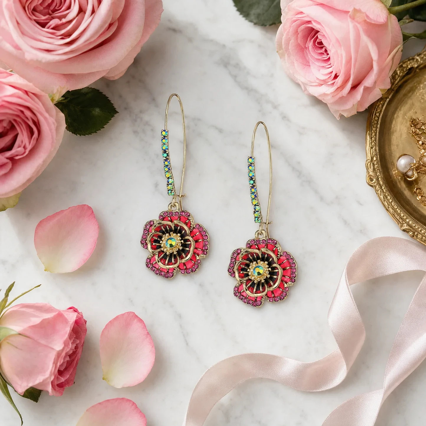 Floral Drop Earrings Women Gold Tone Crystal Rose Flower Hook Statement Boho
