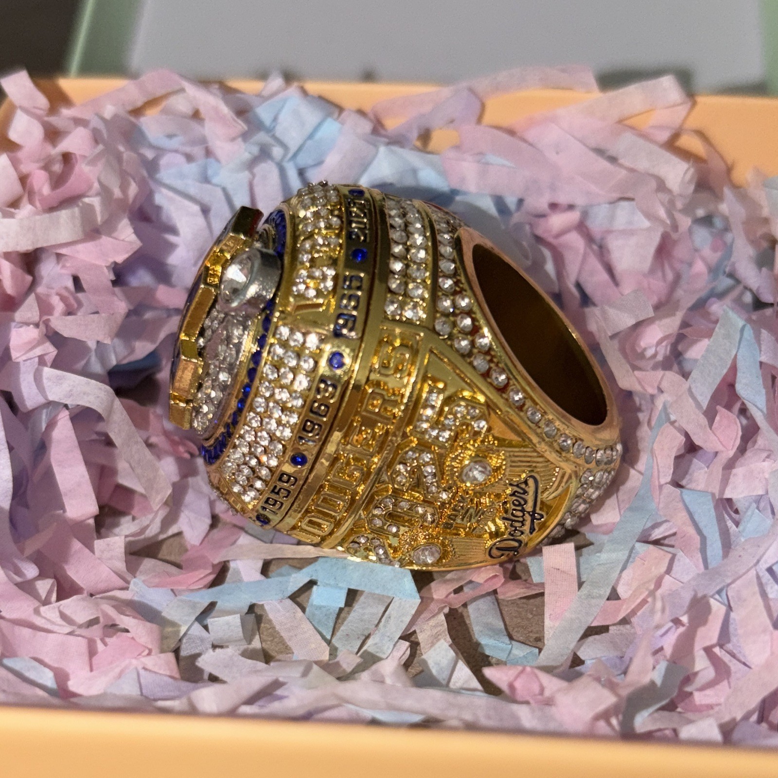 LA Dodgers Gold Tone Championship Statement Ring w/ Simulated Clear CZ Stones