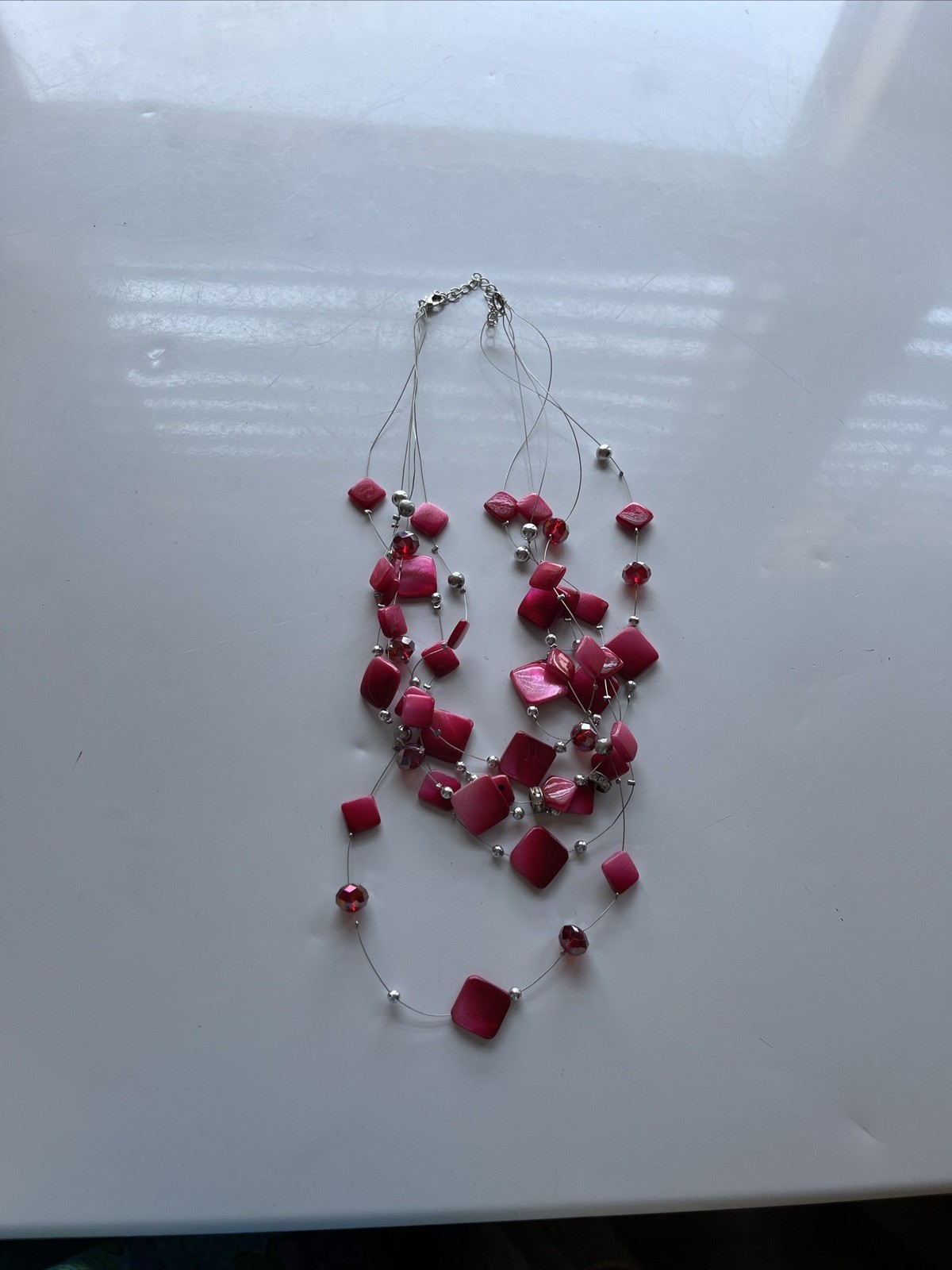 5 layers 27 inch Layered Hot Pink And Grey silver tones Beaded Necklace elegant
