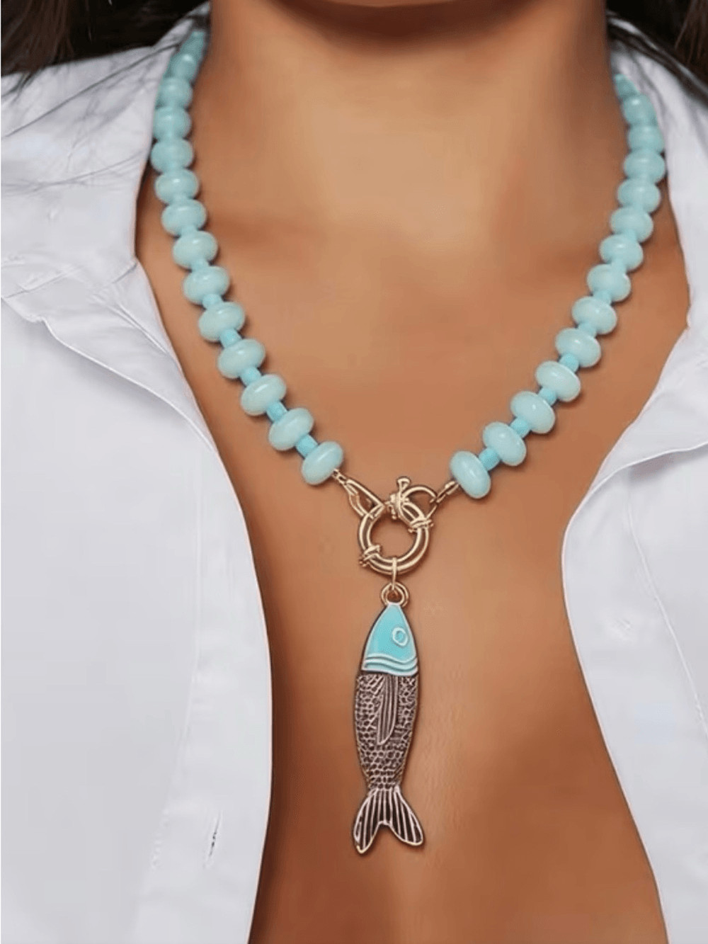 Light Blue Beaded Necklace with Fish Pendant