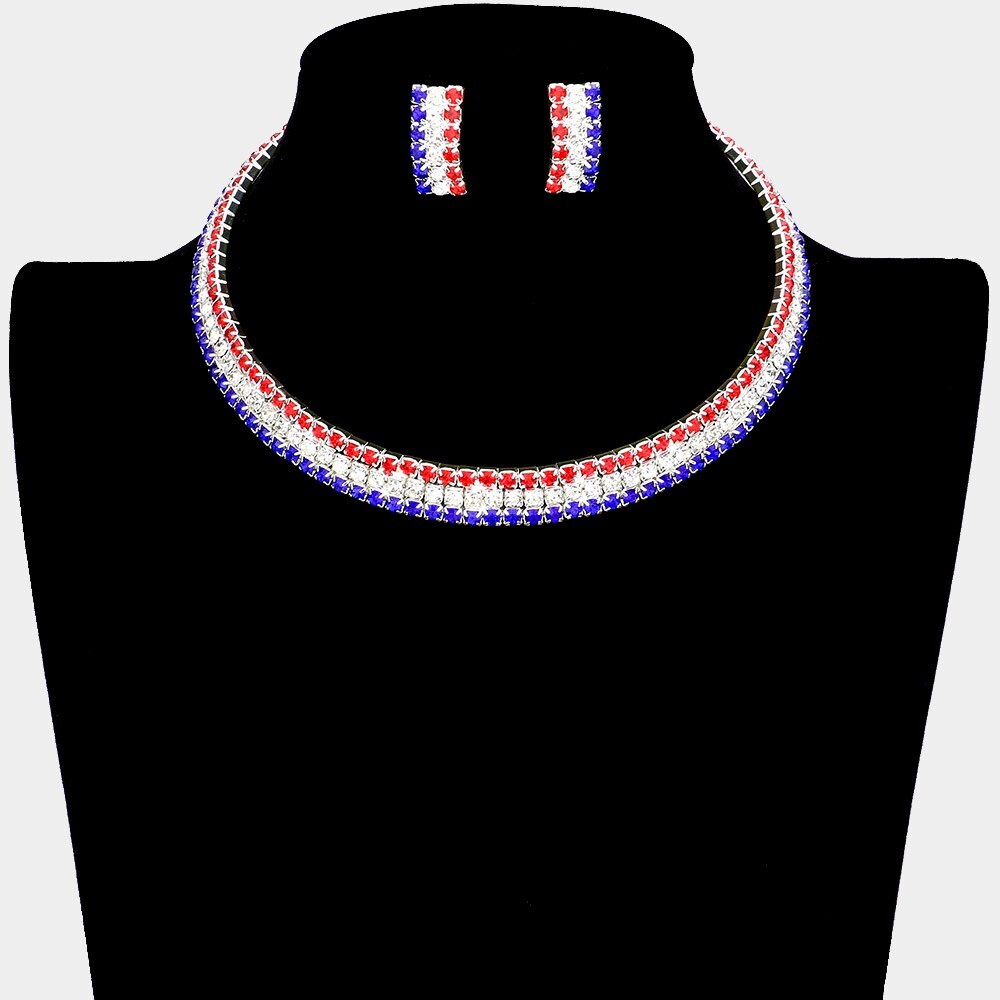 NEW RED WHITE BLUE RHINESTONE EARRINGS NECKLACE CHOKER SET USA FLAG DESIGN
