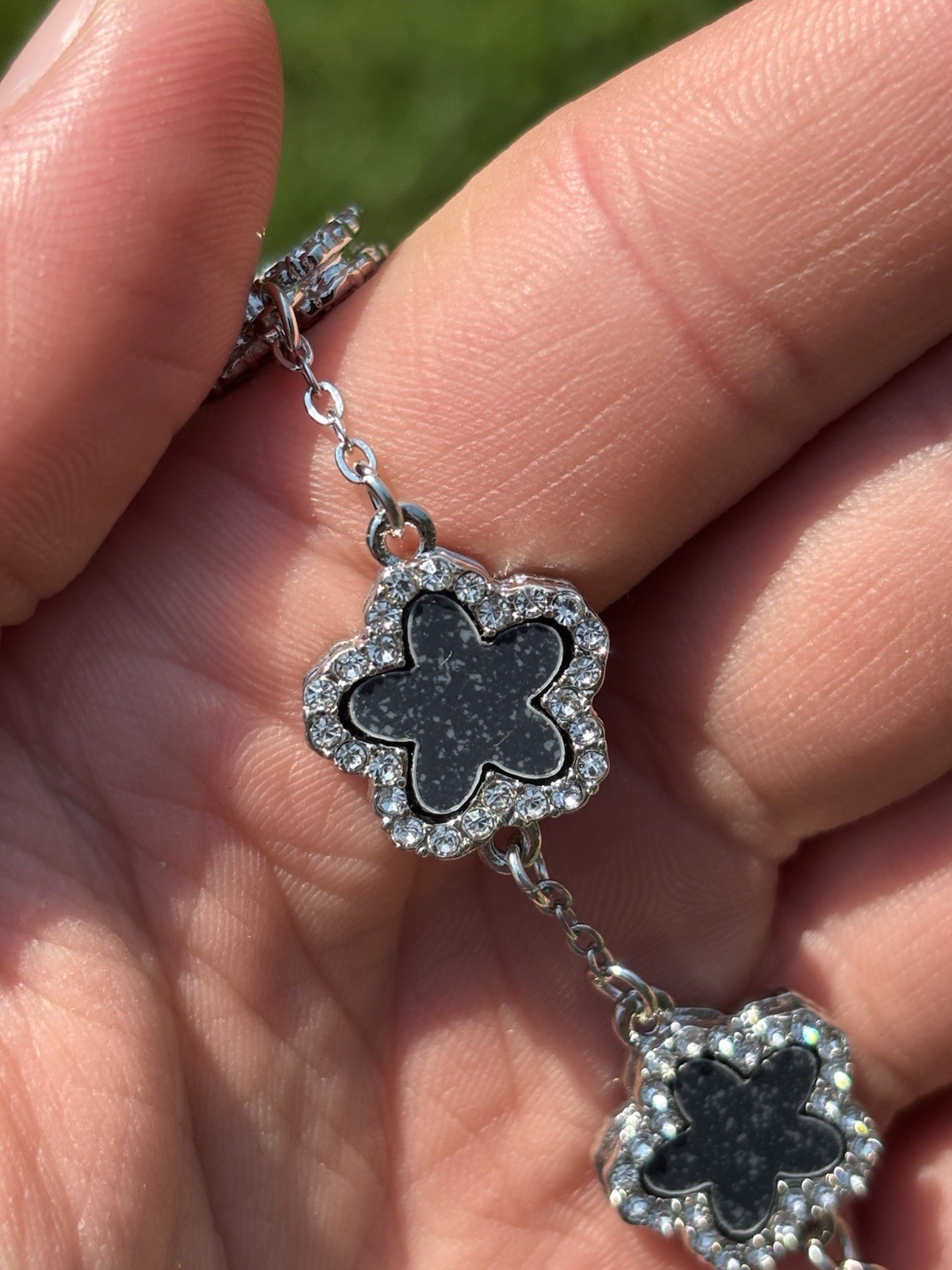 Adjustable 7-8.5 Inches Silver Tone black Clover bracelet with cubic zirconia