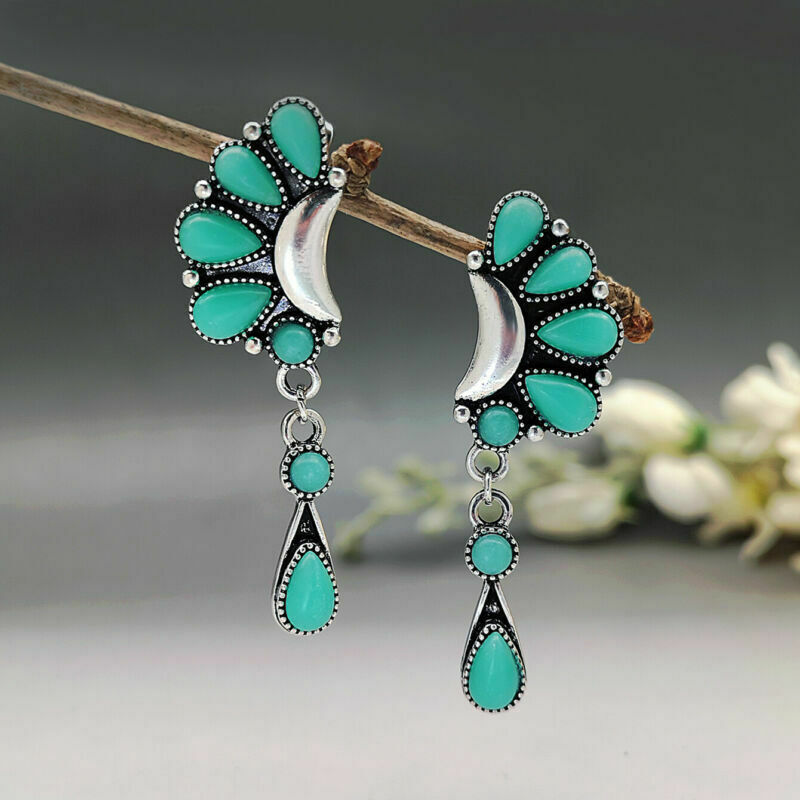 Vintage 925 Silver Turquoise Ear Hook Earrings Drop Dangle Women Wedding Jewelry