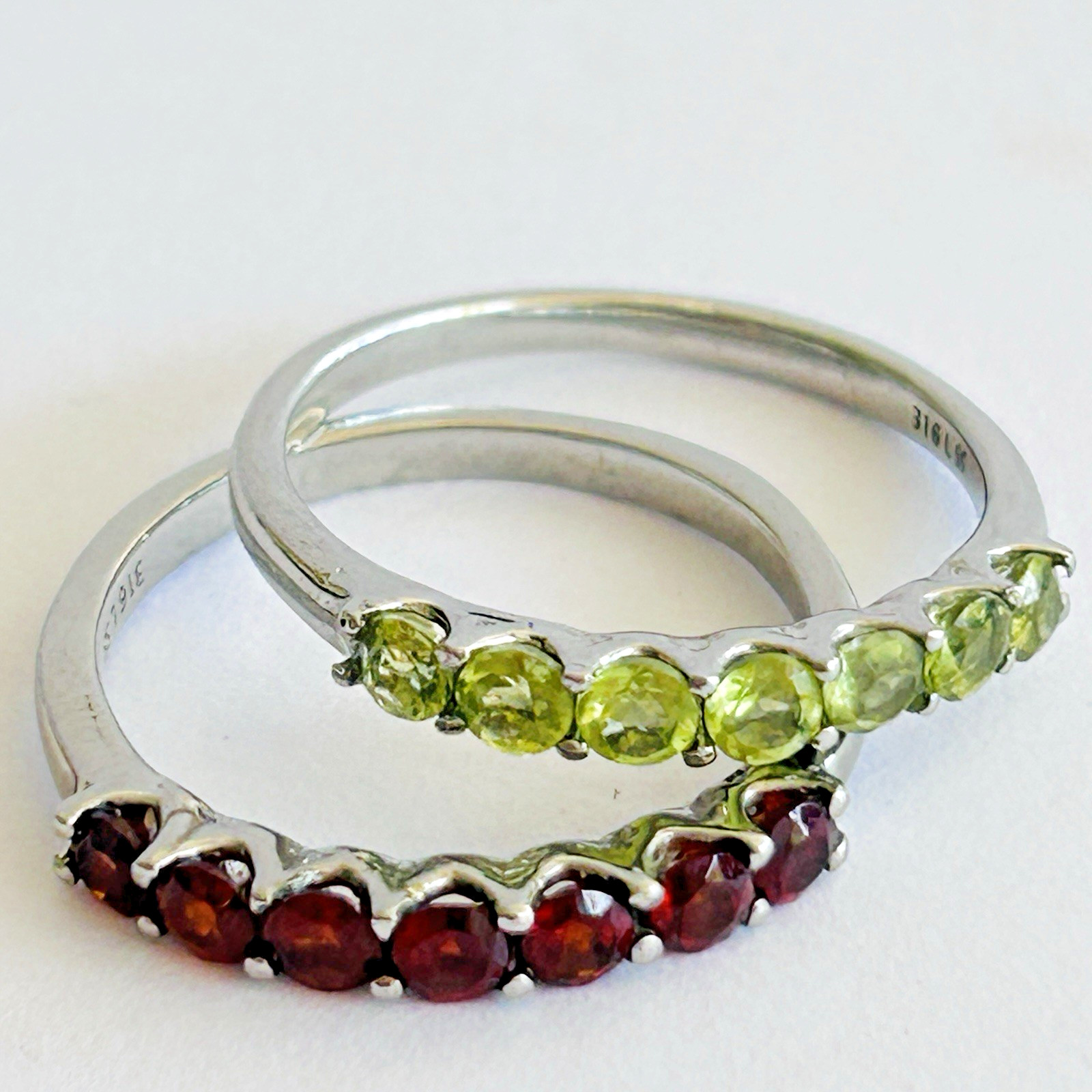 316L Stainless Steel Red Green Eternity Band Stack Ring Set Silver Tone Sz 9