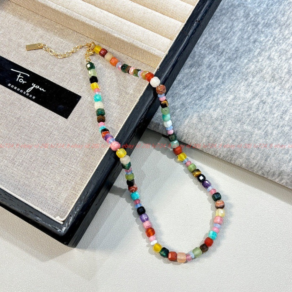Pretty Rainbow Colors Natural Stone Turquoise Gems Square Bead Necklace 42+5cm
