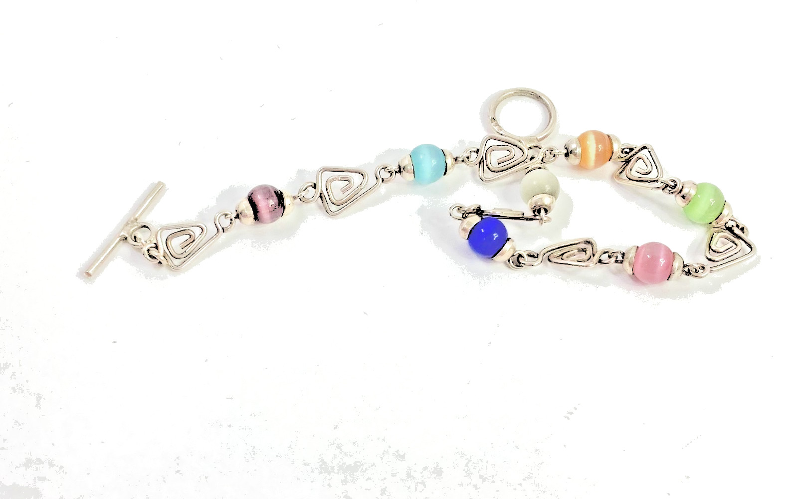 925 Silver & Multicolored Cat’s Eye Glass Triangle Link Chain Bracelet 8 in long