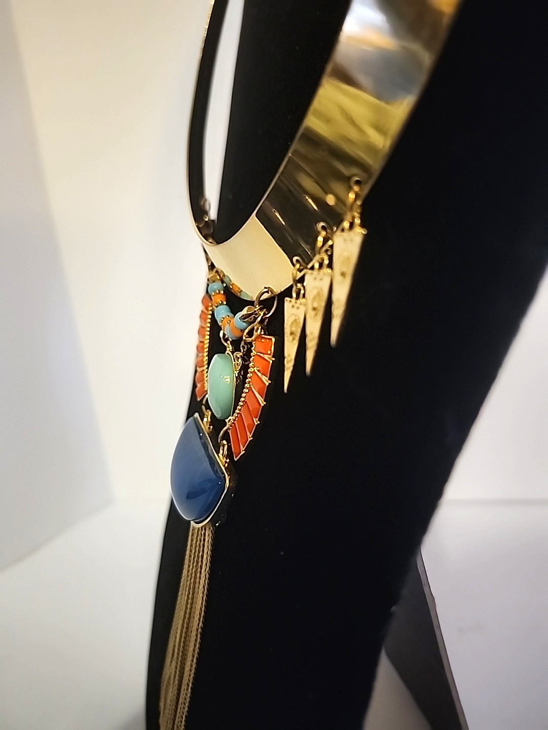 Blue and Orange Necklace Boho Tribal Gold Tone Rigid Base Fringe Tassle