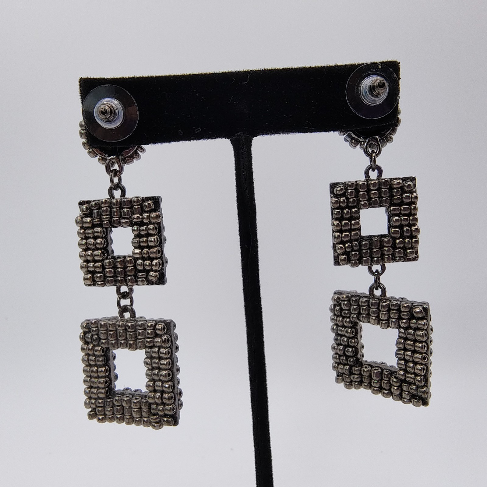 Geometric Maximalist Dangle Statement Earrings Gunmetal Beaded Industrial Chic