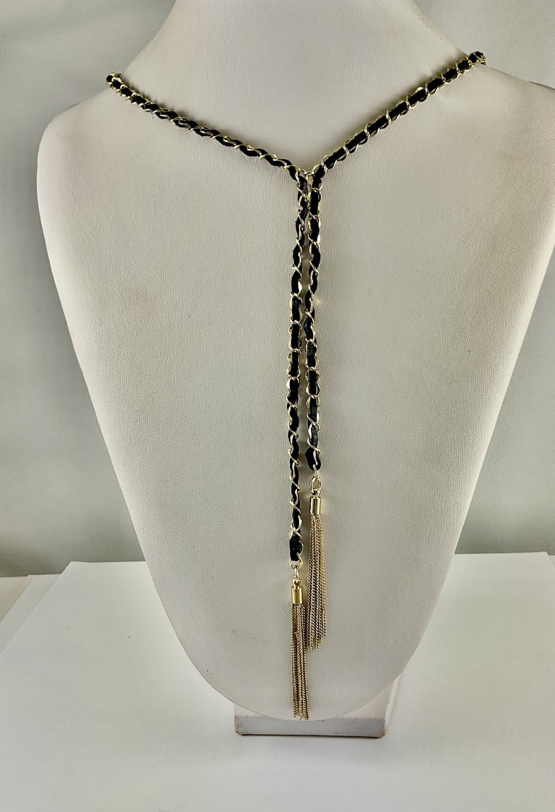 BCBGeneration Golden W Black Suede Woven 26” Tassle Necklace