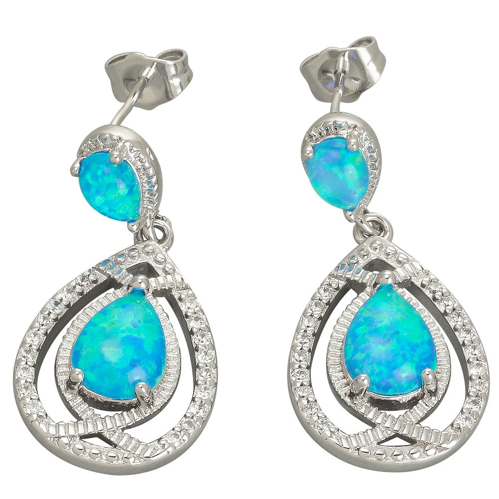 7×9 4×6 Pear Ocean Blue Fire Opal Cabochon Silver Jewelry Drop Pierced Earrings