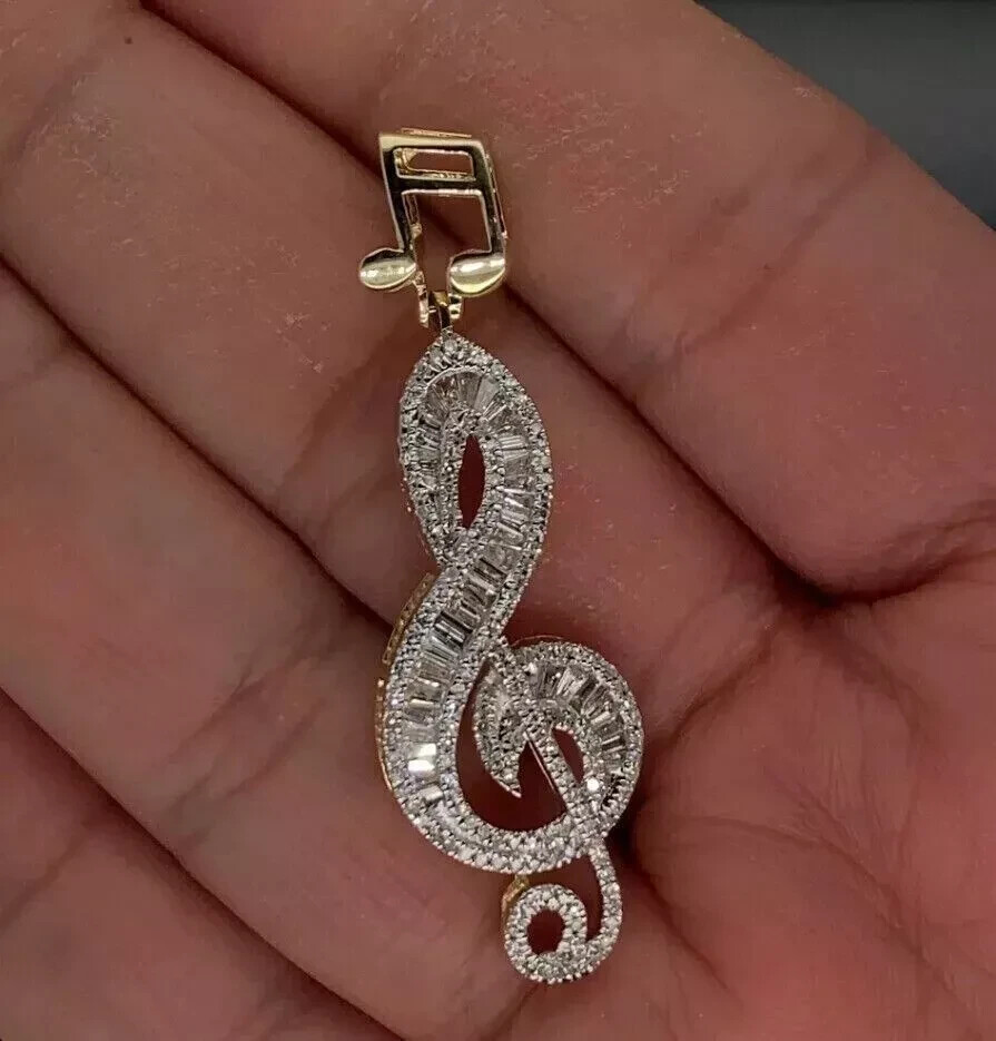 Baguette Simulated Diamond 2Ct Music Note Pendant Necklace 14KYellow Gold Plated