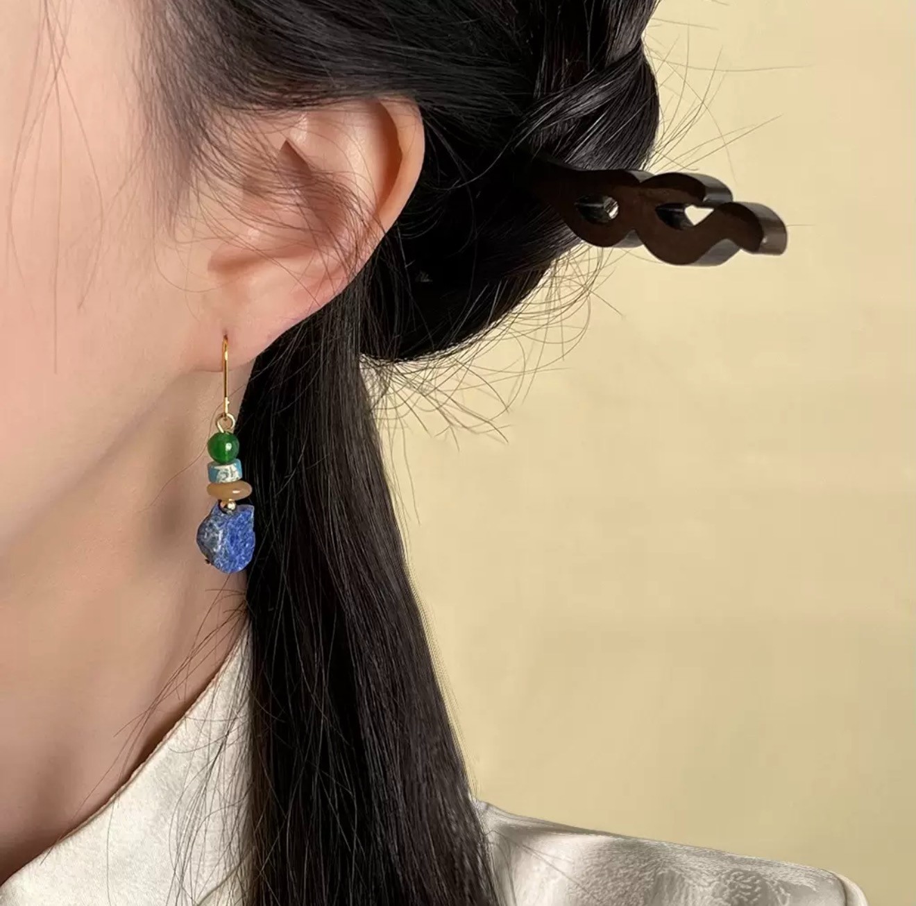 Handmade Natural Lapis Lazuli Dangle Earrings Agate Aventurine Copper Alloy