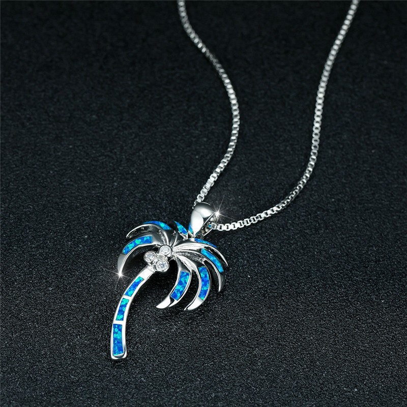Hawaii Blue Fire Opal Palm Tree Necklace pendants Silver Filled For Women Girls