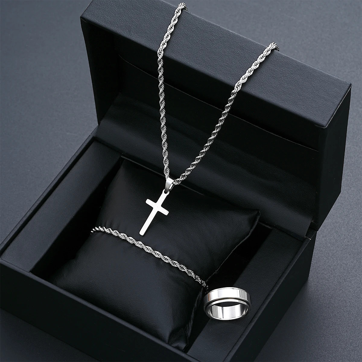 3Pcs Mens Stainless Steel Cross Pendant Necklace Twisted Rope Chain Bracelet Rin