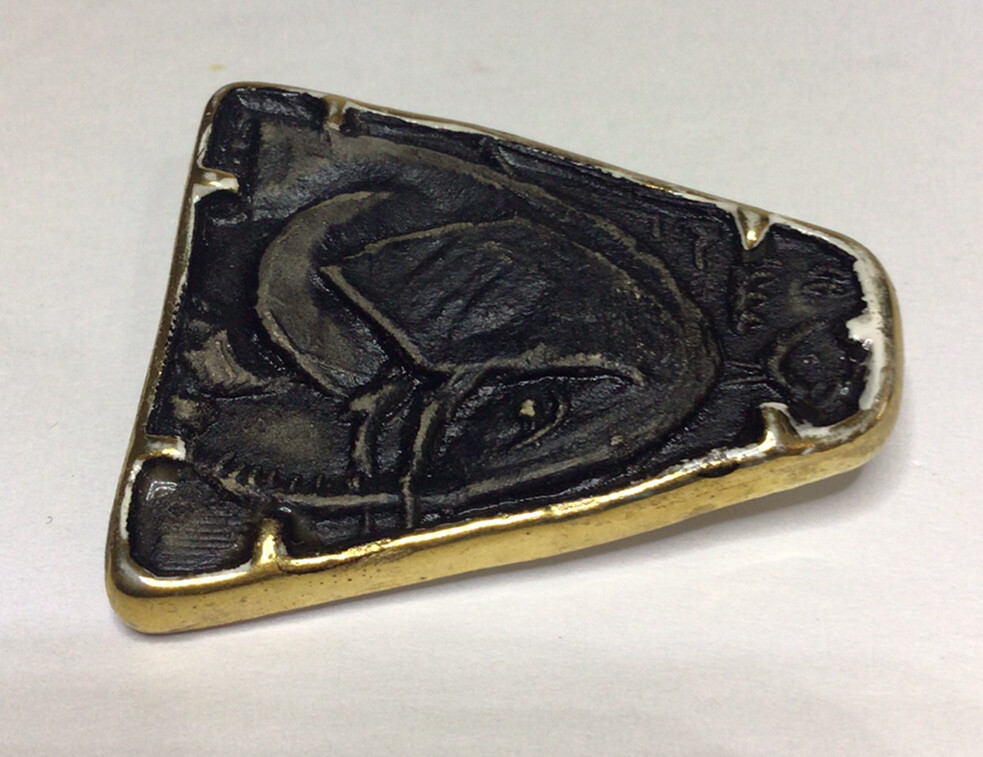 Carved Elephant Pin Brooch Triangular 1 5/8 In x 1 3/8 In Black Gold Color White
