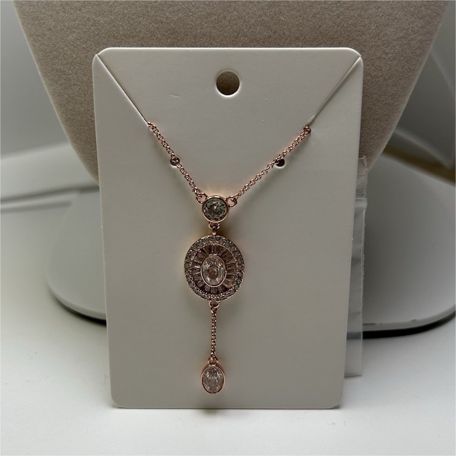 Bomb Party Rose Gold Plated Cable Chain Necklace Oval Halo Crystal Y-Drop Pendan