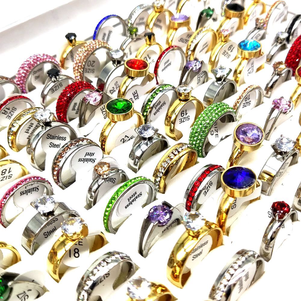 Bulk lots 50pcs Luxury Exquisite Multi-Color Zircon Stainless Steel Wedding Ring
