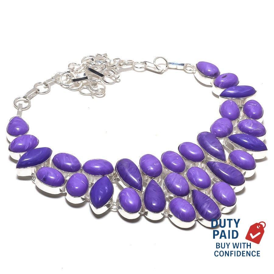 Silver Plated Natural Charoite Bezel Set Vitange Daughter Boho Necklace Jewelry