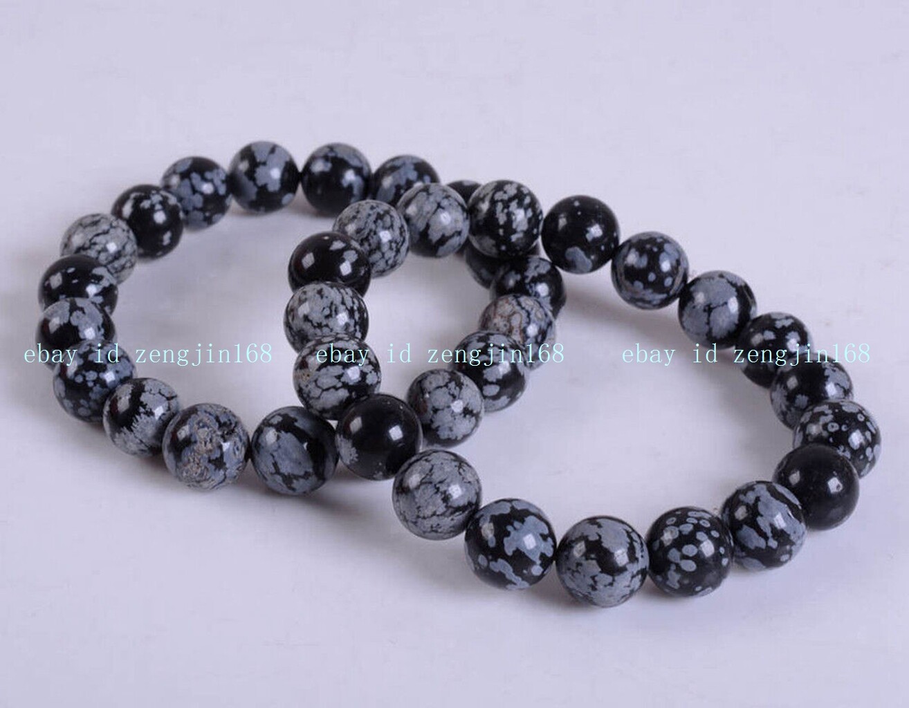 1Pcs Fashion 8mm Black Snowflake Obsidian Round Gems Beads Elastic Bracelet7.5”