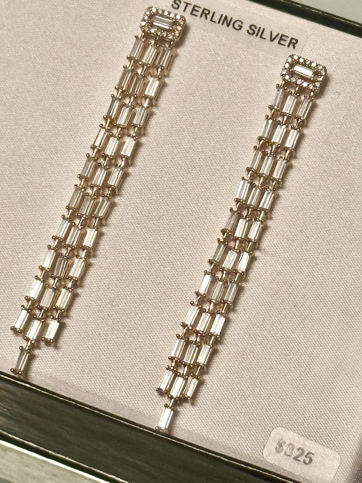 JCM 925SS/GOLD VERMEIL~ BAGUETTE CUBIC ZIRCONIA 2.75” DROP DANGLE EARRINGS NIB*
