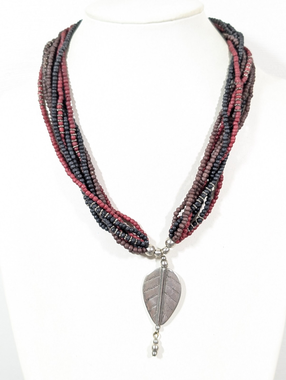 Red Black Beaded Leaf Pendant Multi Strand Statement Necklace Tribal Boho 22 in