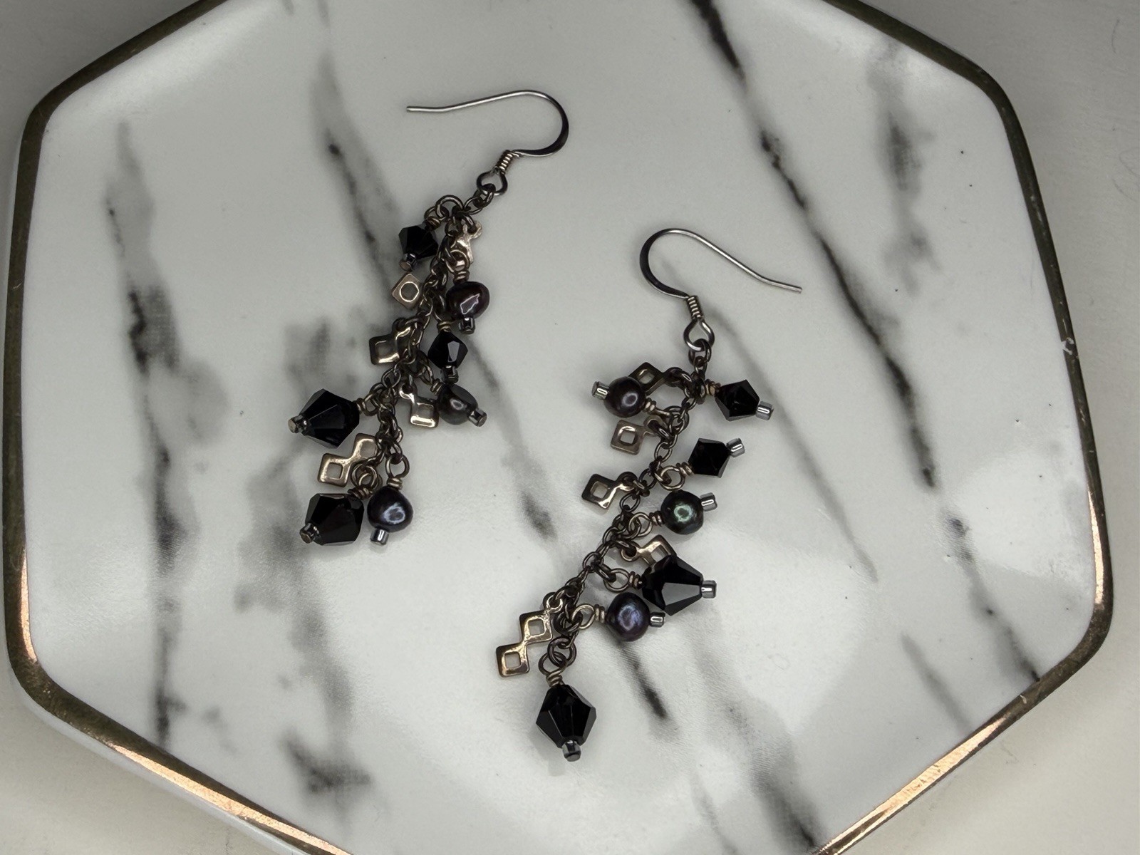 Vintage Style Black Crystal Pearl Chandelier Earrings Boho Gothic