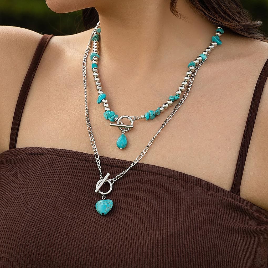 Turquoise Western Pendant Necklace for Layered Gold Heart OT Clasp Beaded Nec…