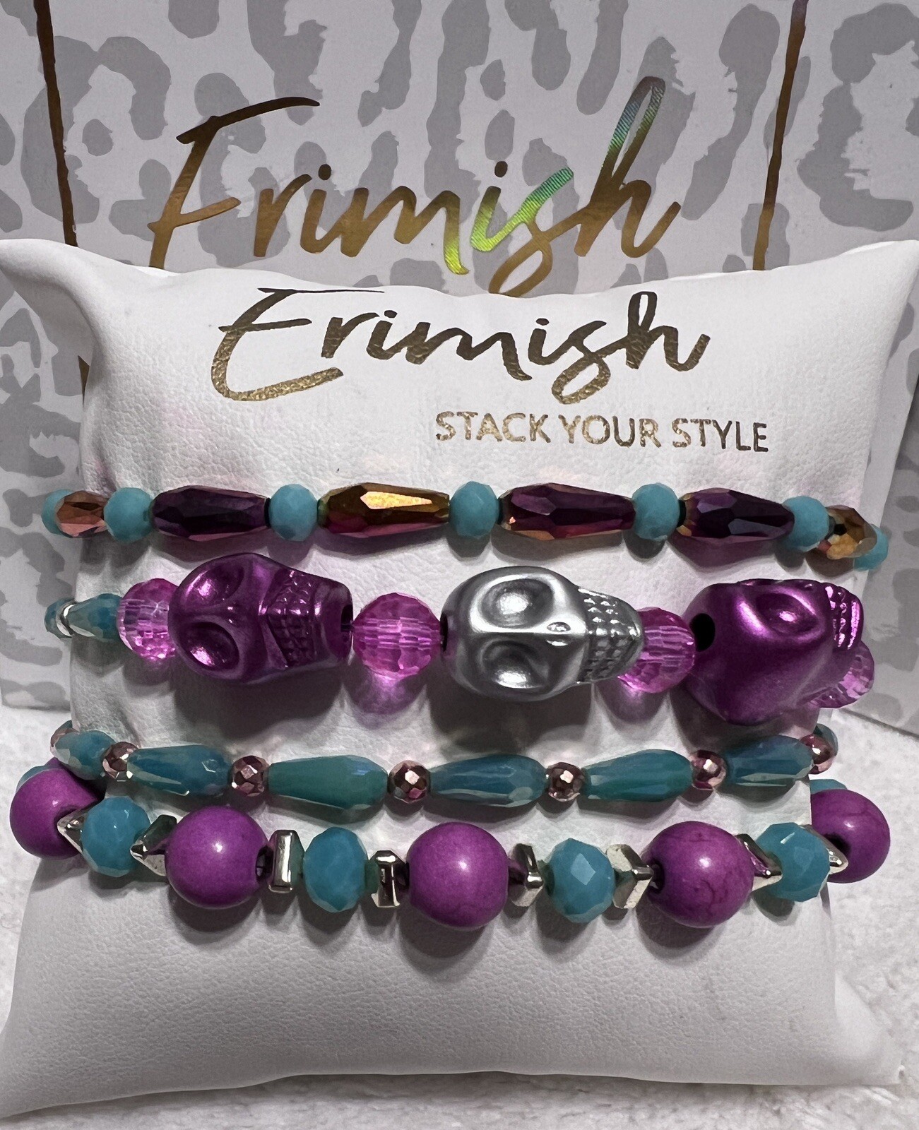 NEW! ERIMISH BRACELETS 4 pc stack – Hot Pink & Teal Halloween Skulls