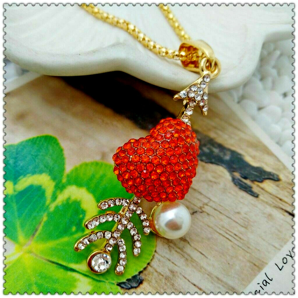 3D CUPID Arrow VALENTINE HEART Rhinestone Retro LOVE Necklace Red